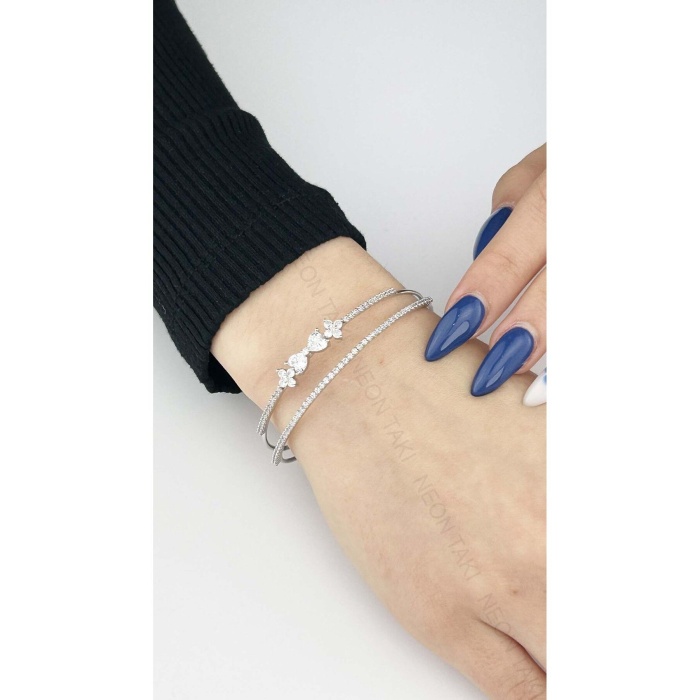 Zirkon Taşlı, Çiçek ve Kurdele Figürlü Vip Seri Kelepçe 170, Silver Renk