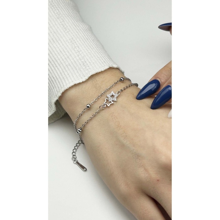 Zirkon Taşlı, Yıldız, Çift Zincirli, Dorika Zincir Bileklik 482, Silver Renk