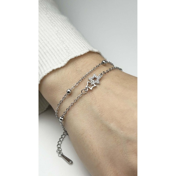 Zirkon Taşlı, Yıldız, Çift Zincirli, Dorika Zincir Bileklik 482, Silver Renk
