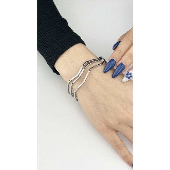 3 Lü, Kare Kesit, Zik Zak, Paslanmaz Ajda Bilezik 160, Çap 65 Mm, Gümüş Renk