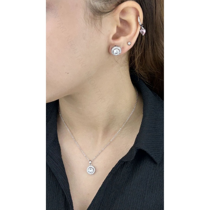 Zirkon Taşlı, Yuvarlak Model, Paslanmaz Çelik Kolye Ve Küpe Set48, Gümüş Renk