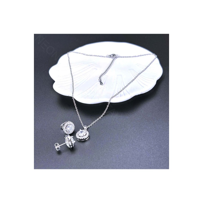 Zirkon Taşlı, Yuvarlak Model, Paslanmaz Çelik Kolye Ve Küpe Set48, Gümüş Renk