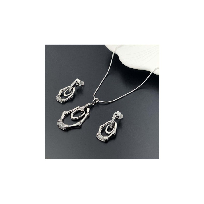 Zirkon Taşlı, Küpe Ve Kolye, Platinyum Kaplama Çelik Set 45, Gümüş Renk