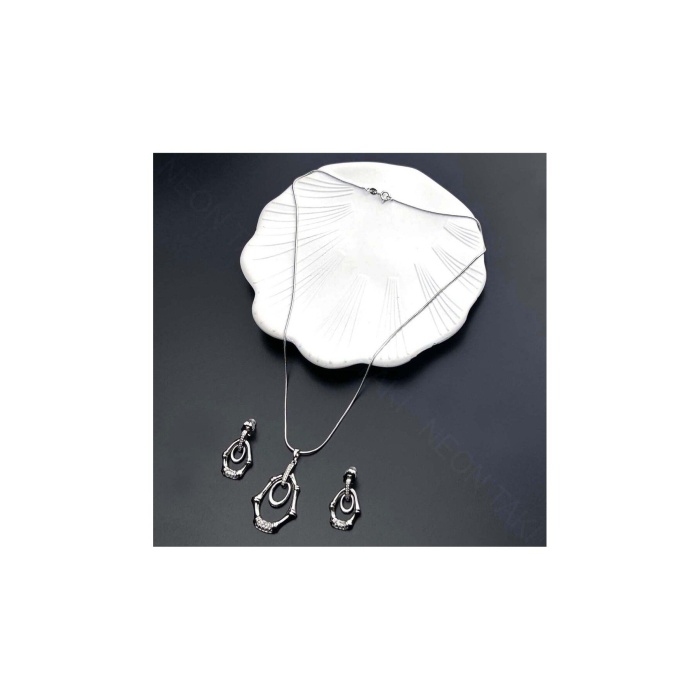 Zirkon Taşlı, Küpe Ve Kolye, Platinyum Kaplama Çelik Set 45, Gümüş Renk