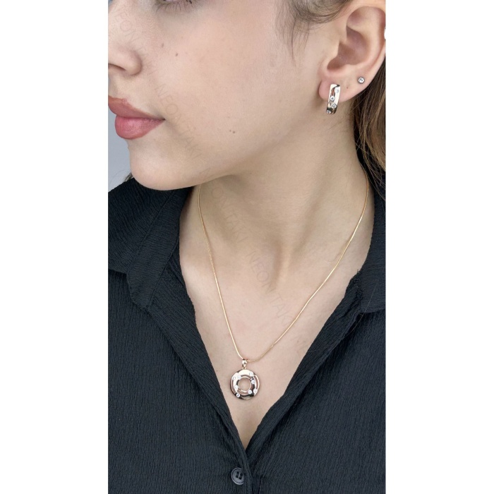 Zirkon Taşlı, Küpe Ve Kolye, Altın Kaplama Çelik Set 41, Pembe (ROSE) Renk