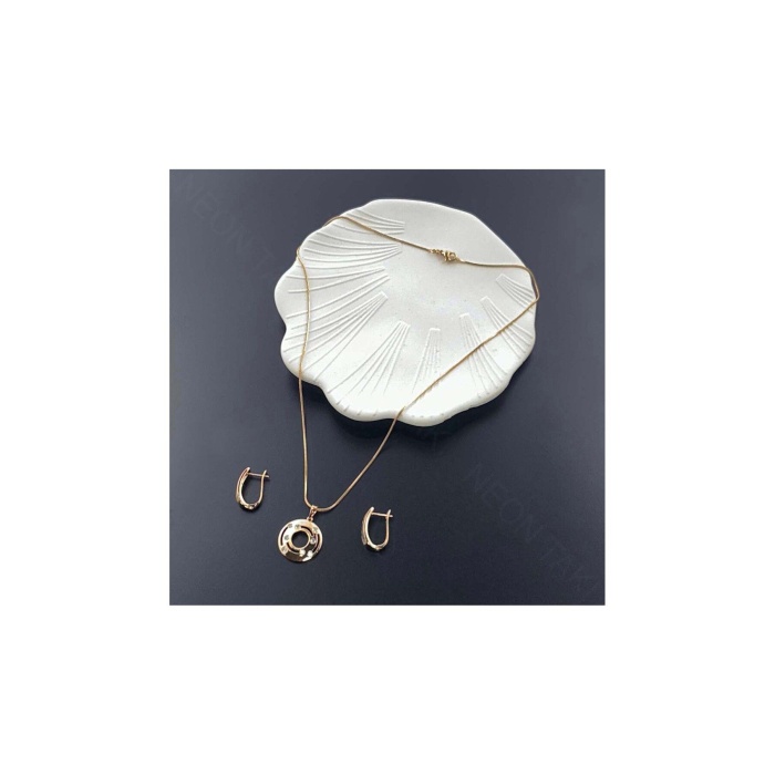 Zirkon Taşlı, Küpe Ve Kolye, Altın Kaplama Çelik Set 41, Pembe (ROSE) Renk