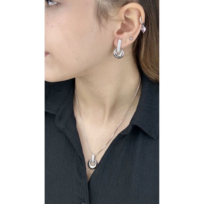 Zirkon Taşlı, Küpe Ve Kolye, Platinyum Kaplama Çelik Set 42, Gümüş Renk