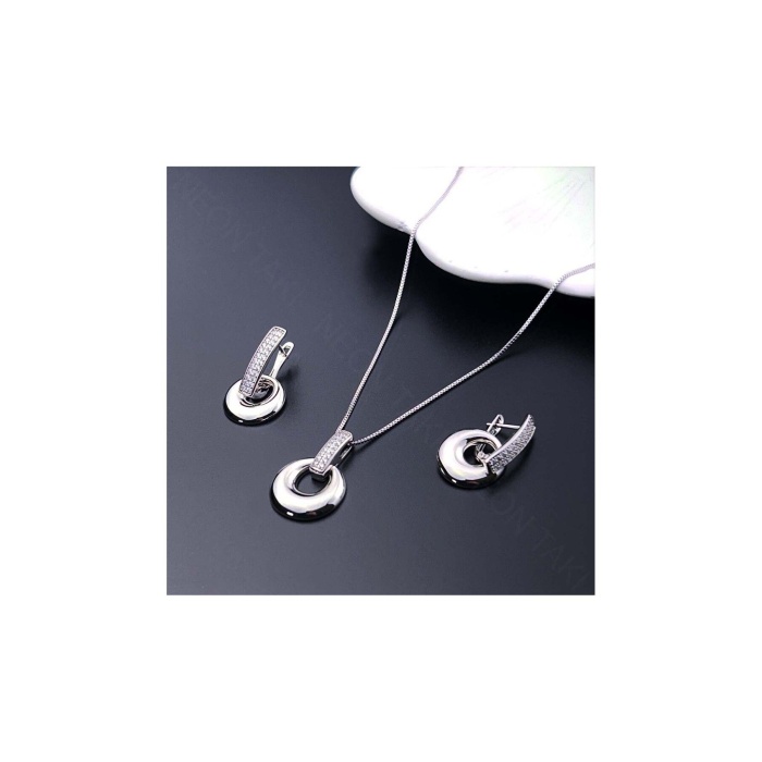 Zirkon Taşlı, Küpe Ve Kolye, Platinyum Kaplama Çelik Set 42, Gümüş Renk
