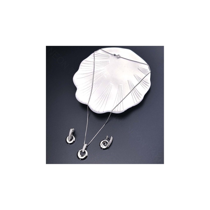 Zirkon Taşlı, Küpe Ve Kolye, Platinyum Kaplama Çelik Set 42, Gümüş Renk