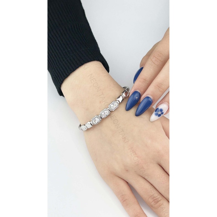 Zirkon Taşlı, Platinyum Kaplama, Paslanmaz Çelik Bileklik 157, Gümüş Renk