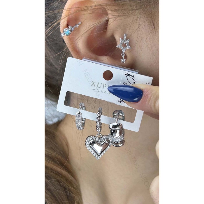 Çoklu Küpe, Zirkon Taşlı, Kalp, Platinyum Kaplama Çelik Küpe 551, Gümüş Renk