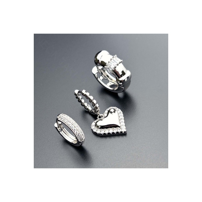 Çoklu Küpe, Zirkon Taşlı, Kalp, Platinyum Kaplama Çelik Küpe 551, Gümüş Renk