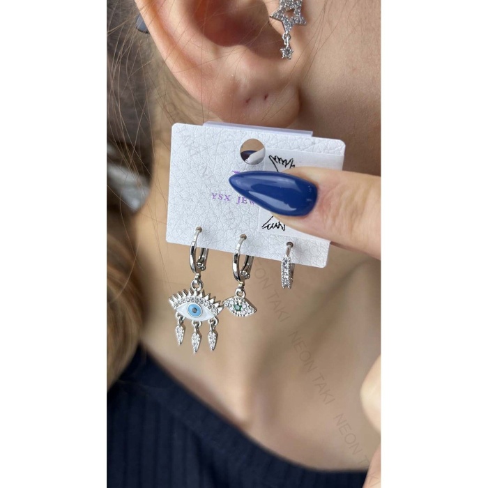 Çoklu Küpe, Zirkon Taşlı, Göz, Yüzeyi Platinyum Çelik Küpe 529, Gümüş Renk