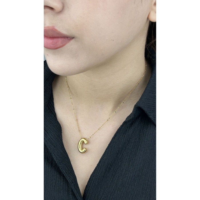 Harf Kolye, Kararmayan Paslanmaz Çelik, C Harf, Balon Formlu, Altın Renk, Model144