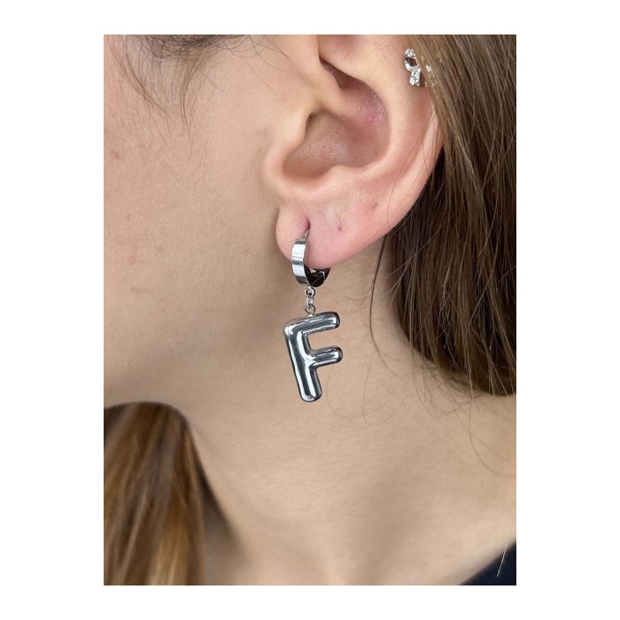 Harf Küpe, Kararmayan Paslanmaz Çelik, F Harf, Balon Formlu, Gümüş Renk, Model293