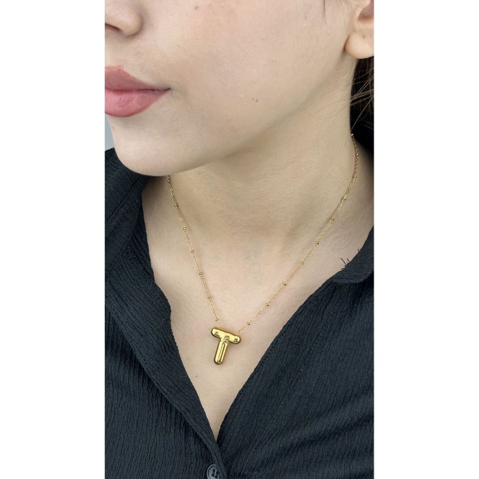 Harf Kolye, Kararmayan Paslanmaz Çelik, T Harf, Balon Formlu, Altın Renk, Model154