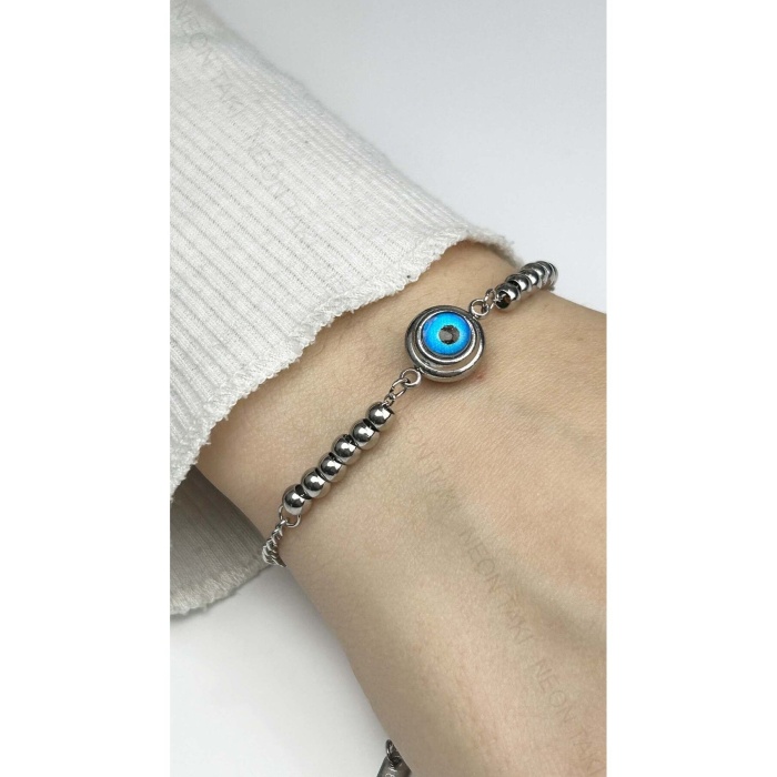 Bileklik, Kararmayan Paslanmaz Çelik, Göz ve Topçuk Detaylı, Gümüş Renk, Model369