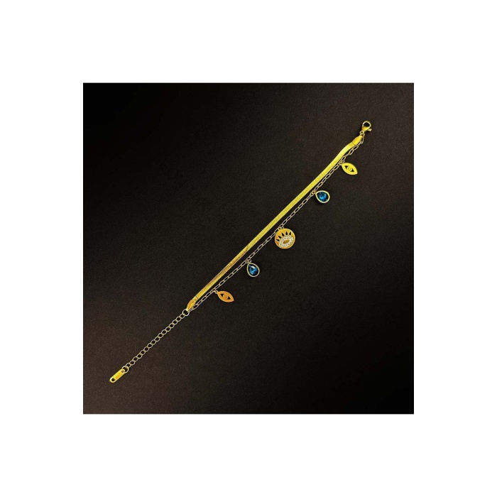 Bileklik, Zirkon Taşlı, Kararmayan Paslanmaz Çelik, İtalyan Zinciri, Altın Renk, Model155