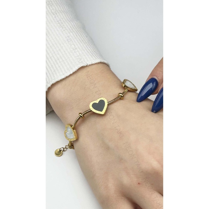 Bileklik, Kararmayan Paslanmaz Çelik, Kalp Detaylı, Altın Renk, Model18