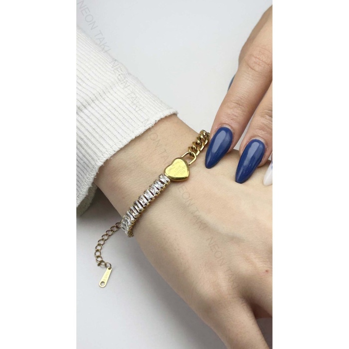 Bileklik, Zirkon Taşlı, Kararmayan Paslanmaz Çelik, Kalp Detaylı, Altın Renk, Model376