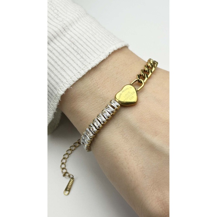 Bileklik, Zirkon Taşlı, Kararmayan Paslanmaz Çelik, Kalp Detaylı, Altın Renk, Model376