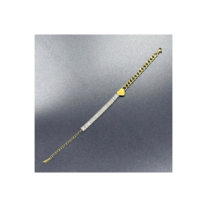 Bileklik, Zirkon Taşlı, Kararmayan Paslanmaz Çelik, Kalp Detaylı, Altın Renk, Model376