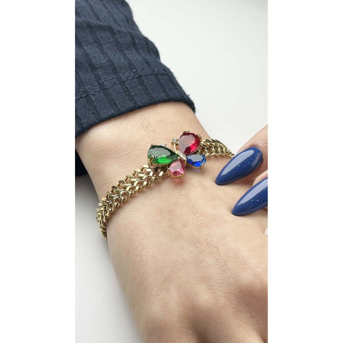 Bileklik, Zirkon Taşlı, Kararmayan Paslanmaz Çelik, Kelebek Detaylı, Altın Renk, Model31