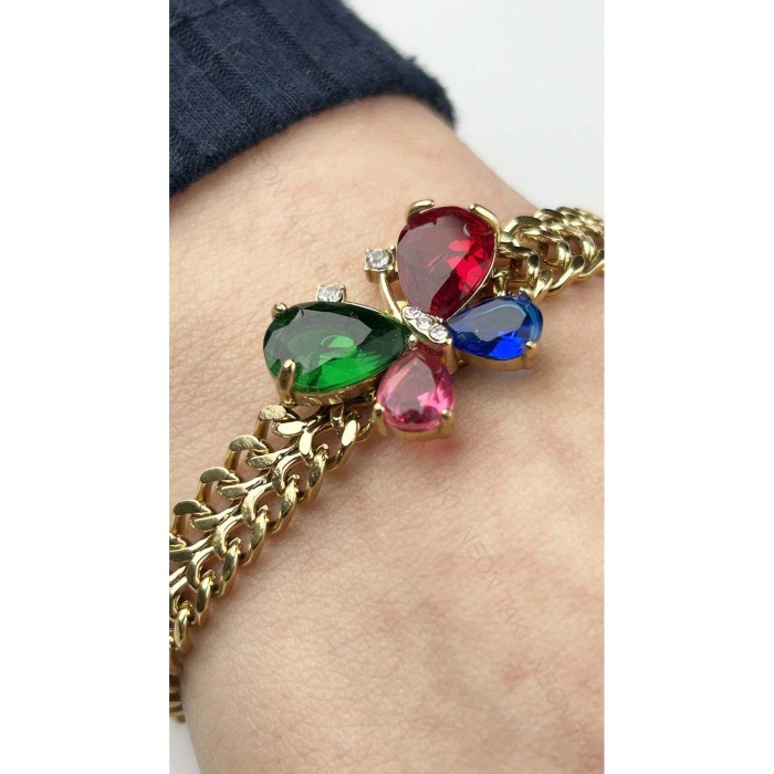 Bileklik, Zirkon Taşlı, Kararmayan Paslanmaz Çelik, Kelebek Detaylı, Altın Renk, Model31