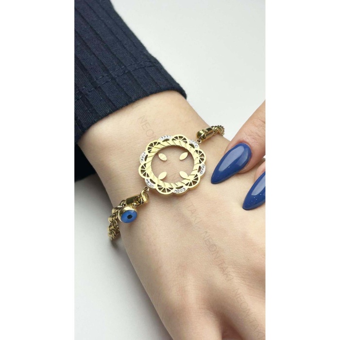 Bileklik, Kararmayan Paslanmaz Çelik, Göz Detaylı, Çeyrek Altın Takılan, Altın Renk, Model13