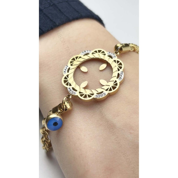 Bileklik, Kararmayan Paslanmaz Çelik, Göz Detaylı, Çeyrek Altın Takılan, Altın Renk, Model13