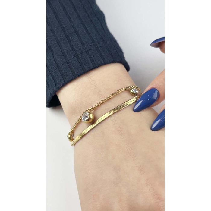 Bileklik, Zirkon Taşlı, Kararmayan Paslanmaz Çelik, Çift Renk, Altın Renk, Model159