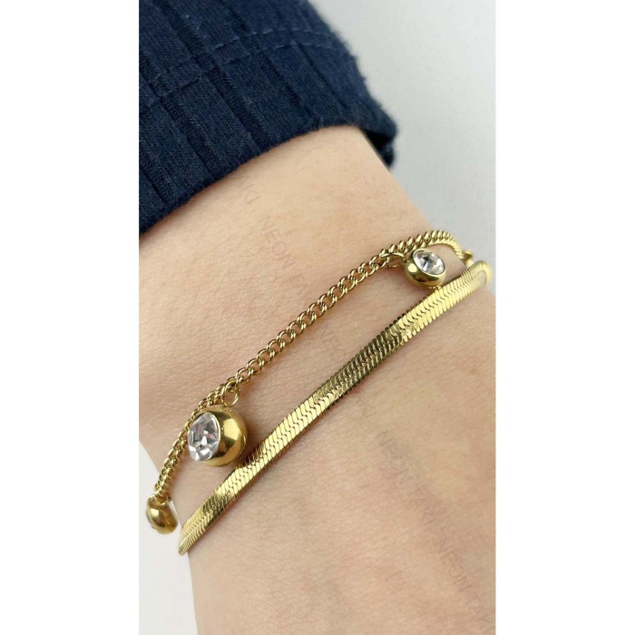 Bileklik, Zirkon Taşlı, Kararmayan Paslanmaz Çelik, Çift Renk, Altın Renk, Model159
