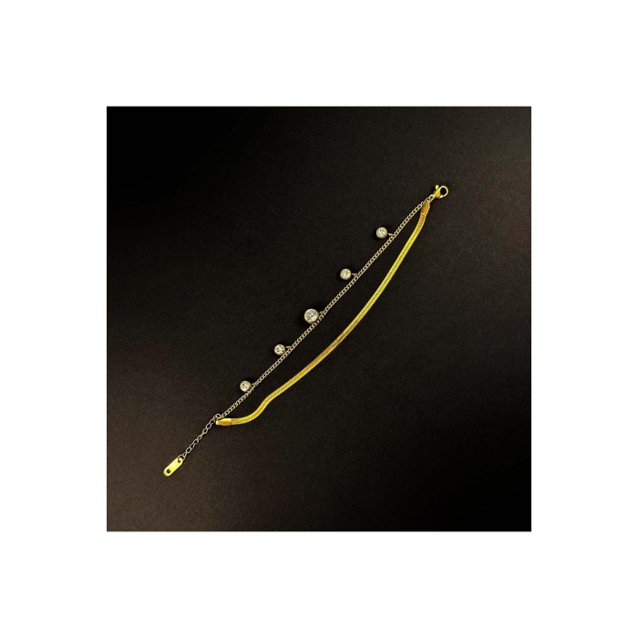 Bileklik, Zirkon Taşlı, Kararmayan Paslanmaz Çelik, Çift Renk, Altın Renk, Model159