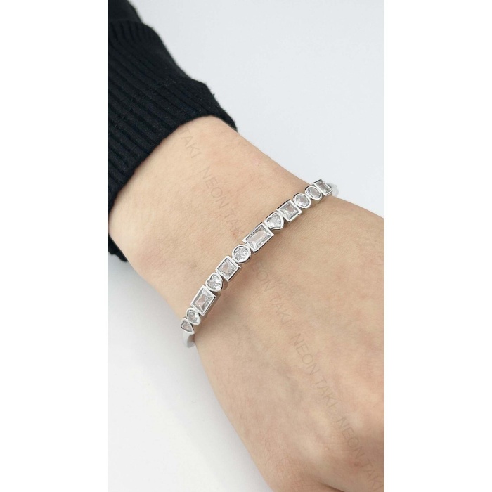 Zirkon Taşlı, Kelepçe Bileklik 109, Gümüş Renk