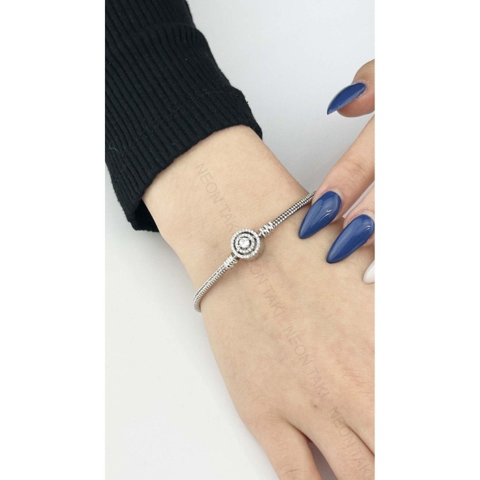 Zirkon Taşlı Dairesel Klips Paslanmaz Charm Taşıyıcı Bileklik 131 Gümüş Renk