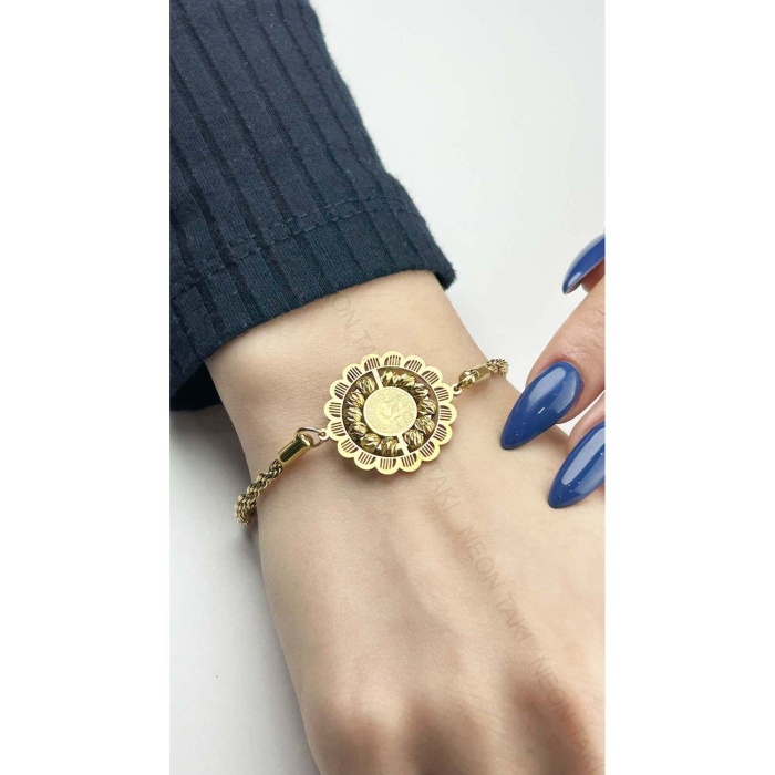 Bileklik, Kararmayan Paslanmaz Çelik, Ata Model, Reşatlı, Dorika Detaylı, Altın Renk, Model8