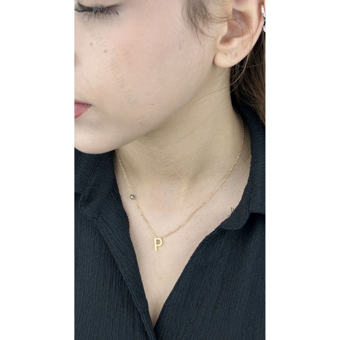 Harf Kolye, Kararmayan Paslanmaz Çelik, P Harf, Nazar Detaylı, Altın Renk, Model283