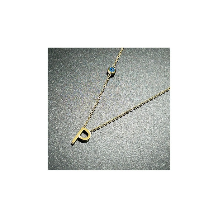 Harf Kolye, Kararmayan Paslanmaz Çelik, P Harf, Nazar Detaylı, Altın Renk, Model283