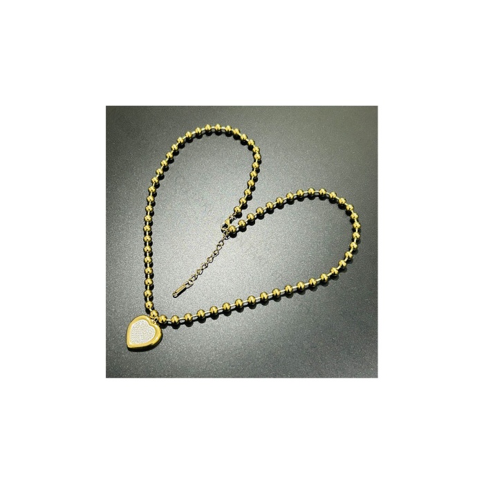 Kolye, Kararmayan Paslanmaz Çelik, Sedefli Kalp Detaylı, Top Zincirli, Altın Renk, Model232