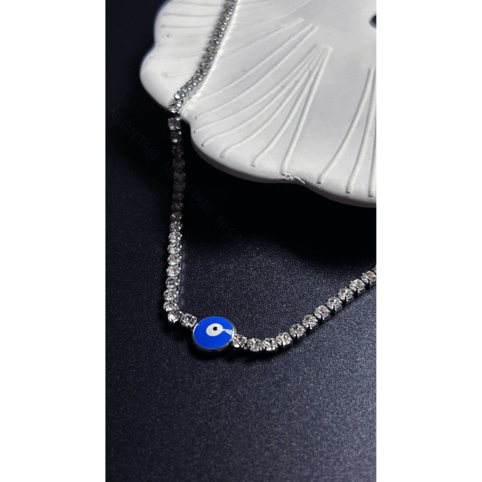 Kolye, Zirkon Taşlı, Kararmayan Paslanmaz Çelik, Su yolu, Nazar Detaylı, Gümüş Renk, Model246