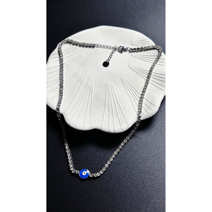 Kolye, Zirkon Taşlı, Kararmayan Paslanmaz Çelik, Su yolu, Nazar Detaylı, Gümüş Renk, Model246