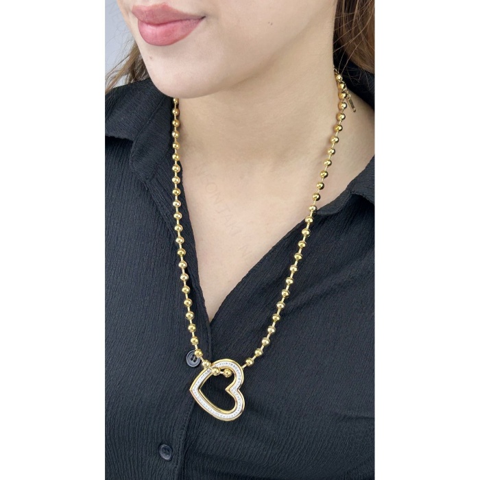 Kolye, Zirkon Taşlı, Kararmayan Paslanmaz Çelik, Kalp Detaylı, Top Zincir, Altın Renk, Model230