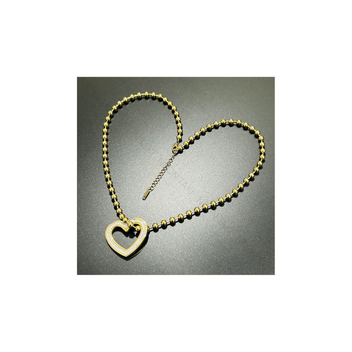 Kolye, Zirkon Taşlı, Kararmayan Paslanmaz Çelik, Kalp Detaylı, Top Zincir, Altın Renk, Model230