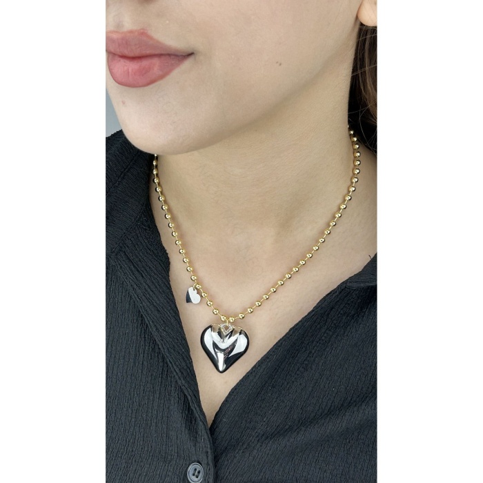 Kolye, Kararmayan Paslanmaz Çelik, Kalp Detaylı, Top Zincir, Altın Renk, Model101