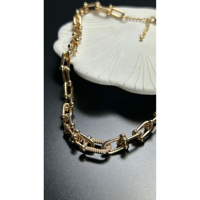 Kolye, Zirkon Taşlı, Kararmayan Paslanmaz Çelik, Orta Tek Halkası Taşlı, Altın Renk, Model104