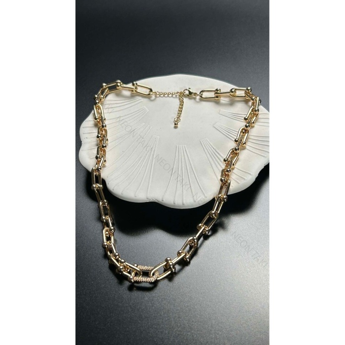 Kolye, Zirkon Taşlı, Kararmayan Paslanmaz Çelik, Orta Tek Halkası Taşlı, Altın Renk, Model104