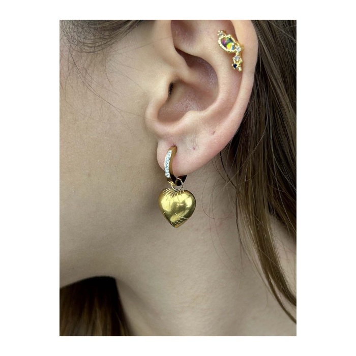 Küpe, Zirkon Taşlı, Kararmayan Paslanmaz Çelik, Kalp Detaylı, Altın Renk, Model13