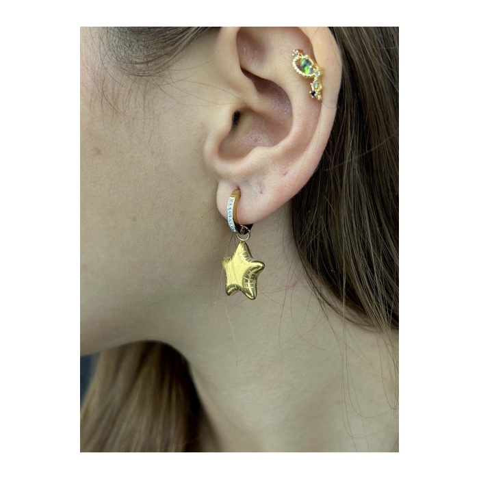 Küpe, Zirkon Taşlı, Kararmayan Paslanmaz Çelik, Sallatılı, Altın Renk, Model374