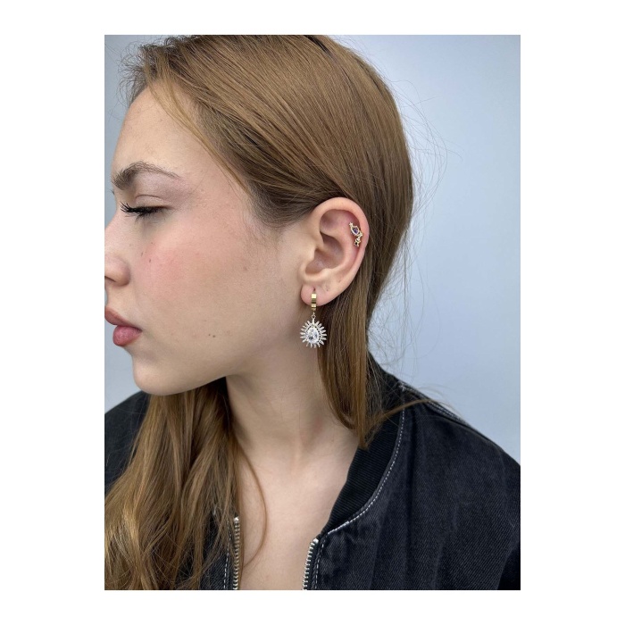 Küpe, Zirkon Taşlı, Kararmayan Paslanmaz Çelik, Sallantılı, Altın Renk, Model489