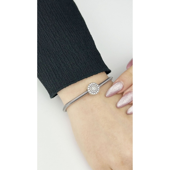 Charm, Zirkon Taşlı, Kararmayan, Silindir Halka Detaylı, BİLEKLİK DAHİL DEĞİL, Gümüş Renk, Model34